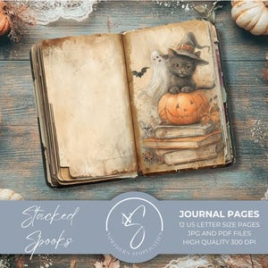 Stacked Spooks Journal Pages, Vintage Halloween Printables and Cat Junk Journal Kits, Digital Download, 2025, S46