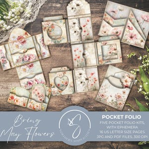 Mini kit de journal indésirable Bring May Flowers Pocket Folio avec pochette remplie de fleurs de mai, éphémères imprimables pour les pages de printemps vintage, B32, 2025