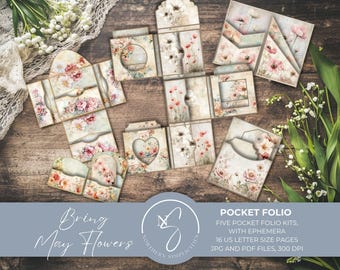 Bring May Flowers Pocket Folio mini junk journal kit with may flower loaded pocket, printable ephemera for vintage spring pages, B32, 2025