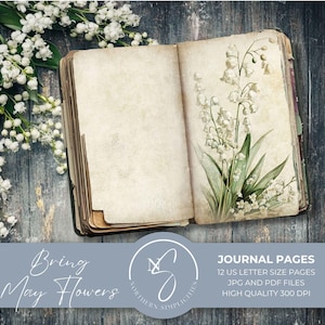 Apportez des pages de journal fleurs de mai avec fleur de muguet, papier numérique floral printanier vintage aquarelle, kit de journal indésirable, 2025, B32