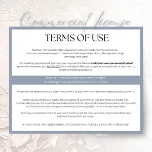 May include: A rectangular document titled Commercial License TERMS OF USE with a white background and grey borders. The text outlines rules for using digital art from Northern Simplicities, including permissions for physical products and restrictions.