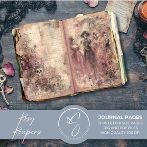 Rosy Reapers Journal Pages, Pink Halloween Junk Journal Kit, Scrapbook Skeleton Papers that can be used for Printable ephemera, 2025, R45