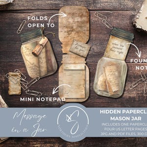 May include: A rustic-themed image featuring mason jar-shaped notepads with paperclip accents. The notepads have a vintage aesthetic, with aged paper and handwritten text. The text "Message in a Jar" is visible, along with the words "Perhaps for you" and "when the moment feels right".