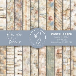 May include: A collection of digital paper sheets with a vintage travel theme. The papers feature a variety of designs, including maps, stamps, and aged textures. The text on the image reads "Wander Tokens" and "Digital Paper 24 12 X 12" Page JPG Files High Quality 300 DPI."