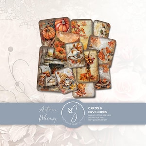 May include: A collection of rectangular cards featuring autumn-themed illustrations of pumpkins, fall foliage, cozy fireplaces, and warm beverages. The text reads Autumn Whimsy, Cards & Envelopes, Four US Letter Size Page, JPG and PDF Files, High Quality 300 DPI.