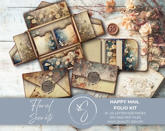 May include: A paper folio kit featuring floral patterns in muted tones of blue, cream, and brown. The kit includes folded envelopes and pockets, each sealed with a circular wax stamp bearing the letters FS. Text on the image reads Floral Secrets, Happy Mail Folio Kit, 10 US letter size pages, JPG and PDF files, high quality 300 DPI.