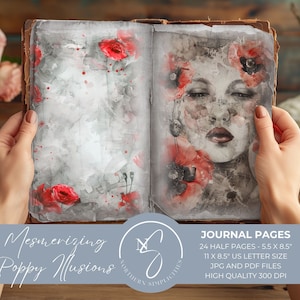 Page envoûtante de pavot illusions, kit floral vintage, papiers de scrapbooking, pages imprimables, journal numérique, coquelicots rouges, 2024
