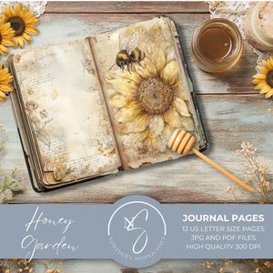 Honig Garten Journal Seiten, Vintage Sonnenblumen und Honigbienen, für druckbare digitale Scrapbook Junk Journal Kits und Papiere, 2025, H41