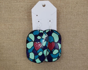 Hand Painted Heart Stained Glass Leather Earrings