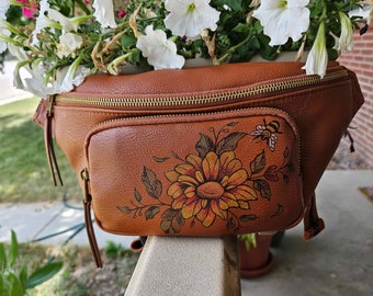 Hand-Painted Sunflower & Bumblebee Brown Faux Leather Fanny Pack