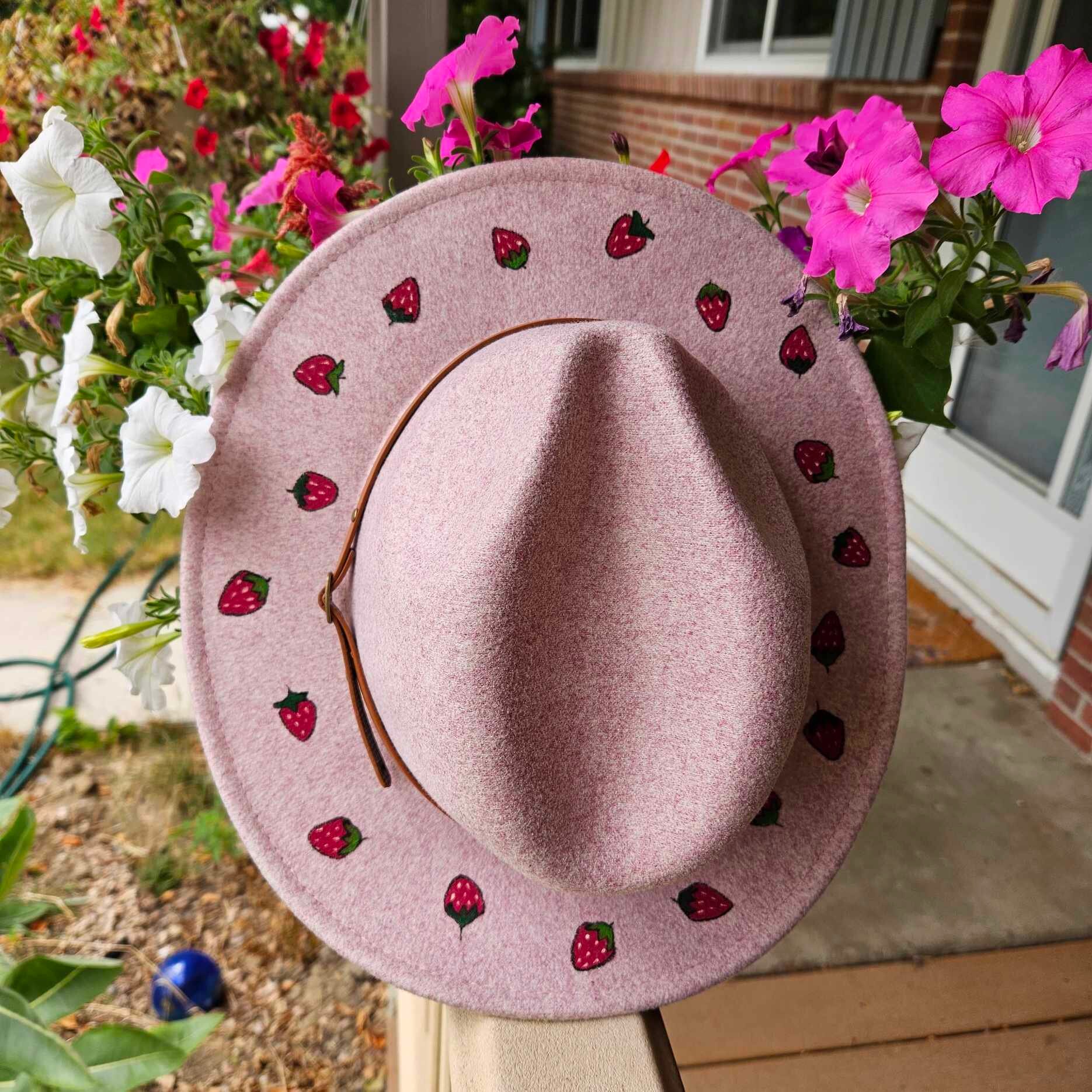 Hand-painted Strawberry Pink Adjustable Wool Felt Fedora Hat  display picture 1