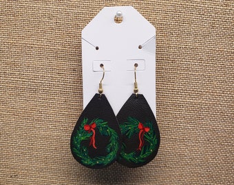 Hand Painted Christmas Wreath with a Bow Leather Earrings