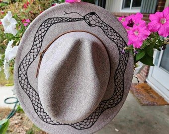 Hand-Painted Snake Eating Its Tail Ouroboros Gray Wool Felt Fedora Hat