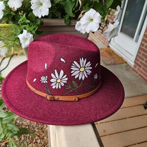 Red Faux Suede Wide Brim Fedora Hat Hand Painted Floral Hibiscus Boho Adjustable Hand Painted Red Fedora Hats - Etsy main image 3