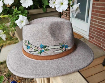 Hand Painted Floral Antler Grey Adjustable Wool Felt Fedora Hat