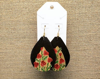 Hand Painted Rose on Gold Leather Earrings