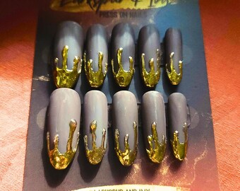 Long Sculpted Almond Matte Brown Velvet Gold Honey Drip Apres Gel-X Press On Nails