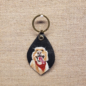Hand Painted Happy Golden Retriever in Bandana Leather Keychain