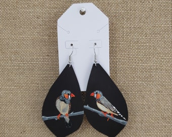 Hand Painted Zebra Finch Leather Earrings