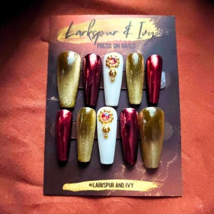 Long Sculpted Coffin Red and Gold Bling Holiday Christmas Apres Gel-X Press On Nails