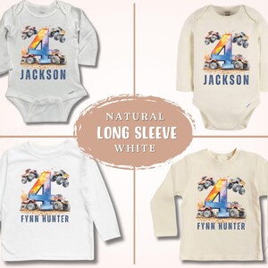 May include: Four white long-sleeve shirts with a watercolor design of a number four surrounded by monster trucks. The shirts have the names "Jackson" and "Fynn Hunter" printed on them.