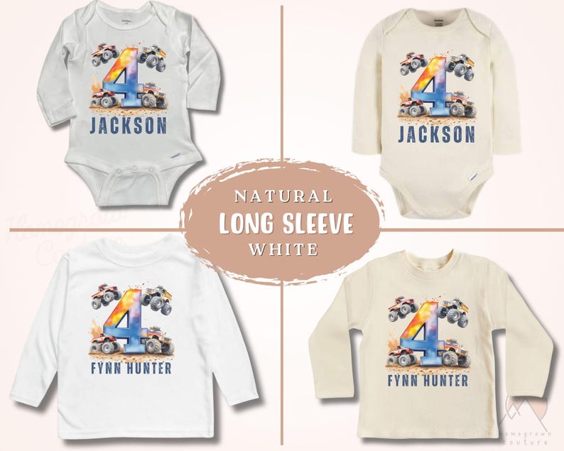 May include: Four white long-sleeve shirts with a watercolor design of a number four surrounded by monster trucks. The shirts have the names "Jackson" and "Fynn Hunter" printed on them.