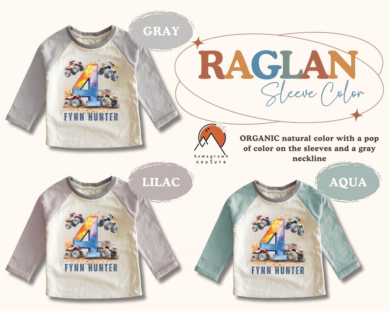 May include: A white long-sleeved shirt with a colorful number four and monster truck graphic. The shirt has a gray raglan sleeve and the text "FYNN HUNTER" is printed below the graphic.