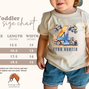May include: A toddler size chart for t-shirts with a graphic of a monster truck and the number 4. The chart shows the length and width in inches for sizes 2T, 3T, 4T, and 5T. The text "FYNN HUNTER" is printed below the graphic.