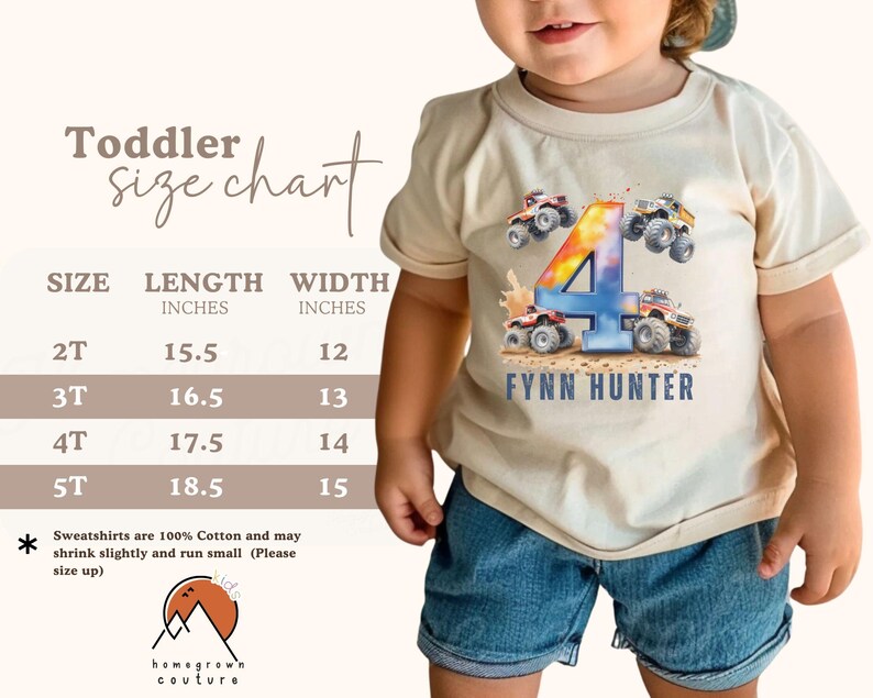 May include: A toddler size chart for t-shirts with a graphic of a monster truck and the number 4. The chart shows the length and width in inches for sizes 2T, 3T, 4T, and 5T. The text "FYNN HUNTER" is printed below the graphic.