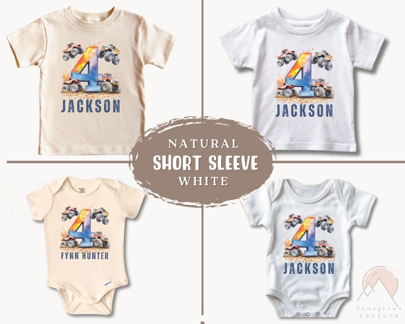 May include: Three white short-sleeved shirts with a watercolor design of monster trucks and the number four. The shirts have the names "Jackson", "Jackson", and "Fynn Hunter" printed on them. The shirts are natural and white.