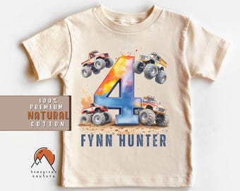 Boys Monster Truck Shirt Boys 4th Birthday Tshirt Toddlerbirthday T-Shirt Personalized Monster Truck Shirt For Boys Birthday Party Boys Bday