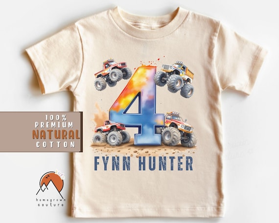 Boys Monster Truck Shirt Boys 4th Birthday Tshirt Toddlerbirthday T-Shirt Personalized Monster Truck Shirt For Boys Birthday Party Boys Bday