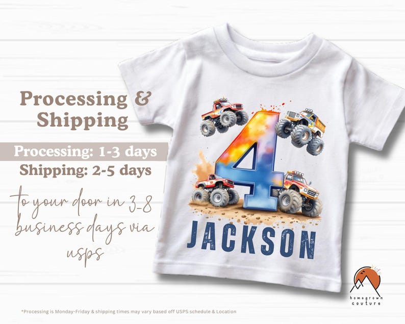 May include: White t-shirt with a colorful number four and monster trucks. The name "JACKSON" is printed in blue below the number.