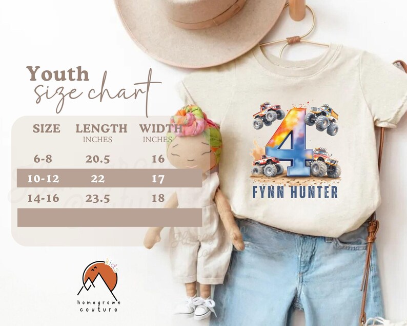 May include: A white t-shirt with a colorful number four and monster trucks printed on it. The text "FYNN HUNTER" is printed below the number. A size chart is included with the text "Youth size chart" and measurements in inches.