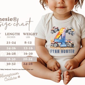 May include: White onesie with a colorful number four and monster trucks printed on it. The onesie has the name "Fynn Hunter" printed below the number. A size chart is included with the image, showing sizes in months, length in inches, and weight in pounds.