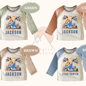 May include: Four different color long-sleeve shirts with a colorful number four and monster truck graphic. The shirts are available in green, coral, brown, and blue. The shirts say "Jackson" and "Fynn Hunter".