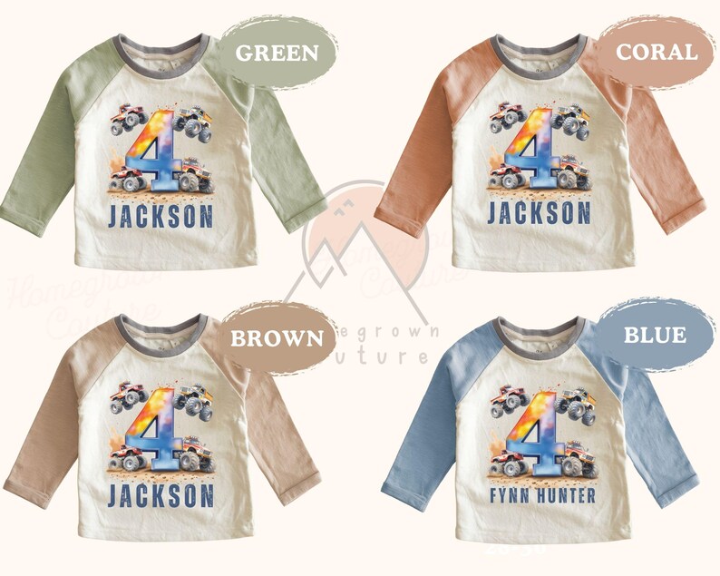 May include: Four different color long-sleeve shirts with a colorful number four and monster truck graphic. The shirts are available in green, coral, brown, and blue. The shirts say "Jackson" and "Fynn Hunter".