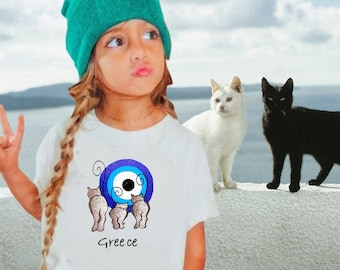 Camiseta de Gatos con Mal de Ojo: Camiseta de Vacaciones Familiares en Grecia