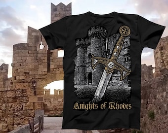 Camiseta de los Caballeros de Rodas: Castillo medieval, isla griega
