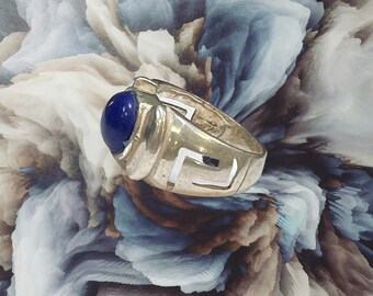 Anillo de meandro de piedra azul griega: plata de ley 925 maciza, hecho a mano