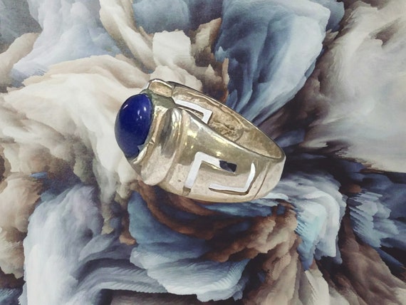 Greek Blue Stone Meander Ring: Chunky Sterling Silver 925, Handmade