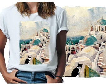 Camiseta de Santorini, Grecia: Camiseta de recuerdo de la isla con estampado a mano