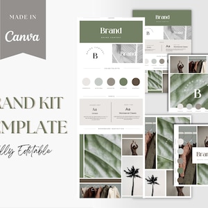 May include: A brand kit template with a green, brown, and white color palette. The template includes a logo, font choices, and mood board inspiration. The mood board features images of clothing, plants, and a palm tree.