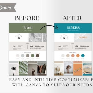 May include: Before and after images of a brand style guide template. The before image is green and features a palm tree and a logo with the letter "B". The after image is teal and features a logo with the letter "S" and the text "SUNKISS". Both images include a color palette, font choices, and mood board inspiration.