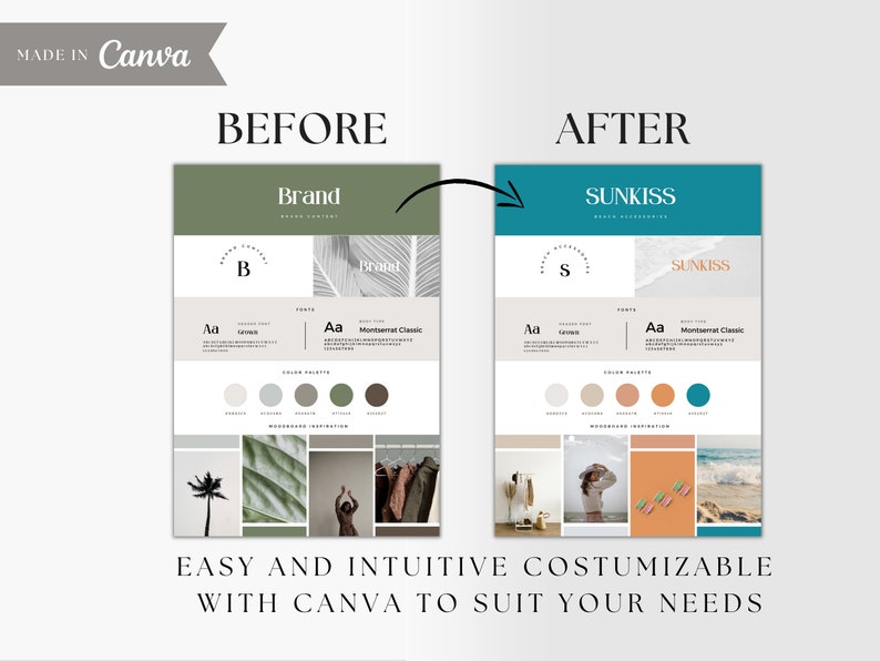 May include: Before and after images of a brand style guide template. The before image is green and features a palm tree and a logo with the letter "B". The after image is teal and features a logo with the letter "S" and the text "SUNKISS". Both images include a color palette, font choices, and mood board inspiration.