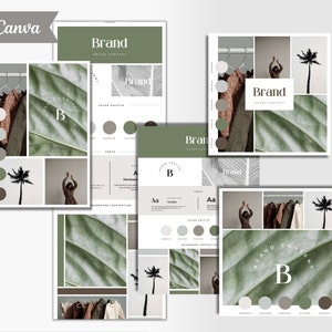 May include: Brand mood board with a green, brown, and white color palette. The board features images of clothing, palm trees, and leaves. The text "Brand" is featured on the board.