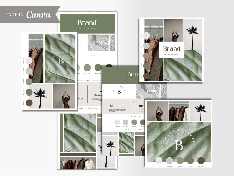 May include: Brand mood board with a green, brown, and white color palette. The board features images of clothing, palm trees, and leaves. The text "Brand" is featured on the board.
