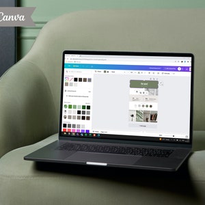 May include: A laptop computer displaying the Canva website with a design project open. The design features a green background with a text box that says "The Plant." The design also includes a variety of images and a color palette.