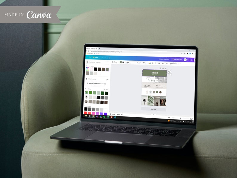 May include: A laptop computer displaying the Canva website with a design project open. The design features a green background with a text box that says "The Plant." The design also includes a variety of images and a color palette.