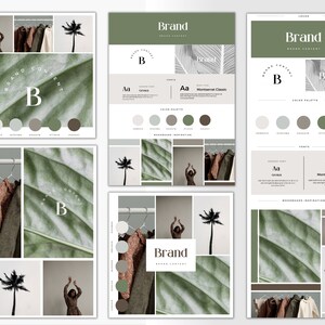 May include: Brand identity design template with a green and brown color palette. The template features a logo with the letter "B" in a circle, a color palette, and a font selection. The template also includes a mood board with images of palm trees, clothing, and leaves.
